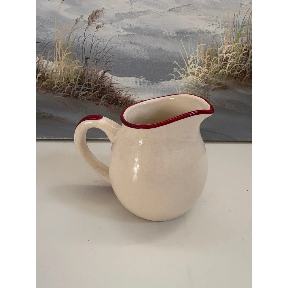 Royal Seasons Stoneware Snowman Creamer Pitcher Christmas Holiday Red Trim 4in